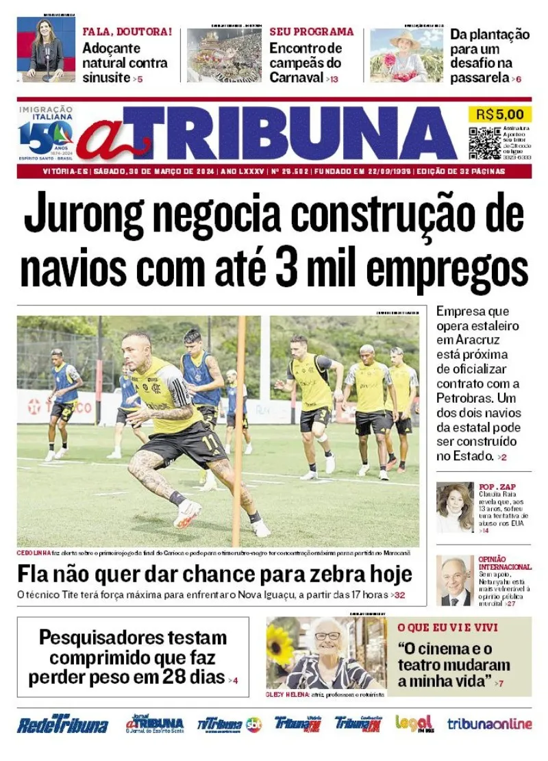 Imagem ilustrativa da imagem Confira os destaques do jornal A Tribuna deste sábado