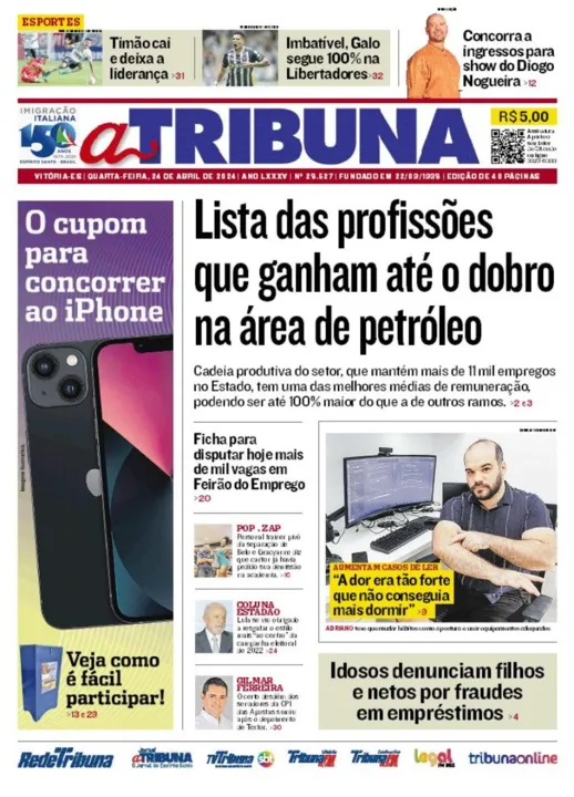 Imagem ilustrativa da imagem Confira os destaques do jornal A Tribuna desta quarta-feira