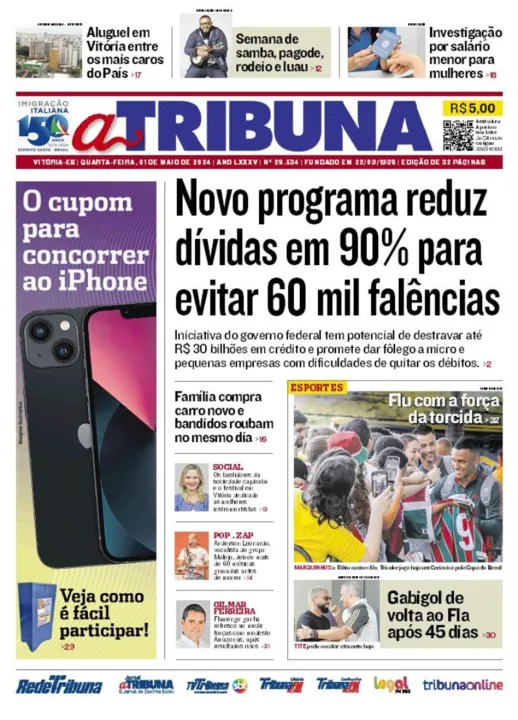 Imagem ilustrativa da imagem Confira os destaques do jornal A Tribuna desta quarta-feira