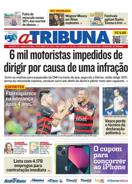 Imagem ilustrativa da imagem Confira os destaques do jornal A Tribuna desta quinta-feira