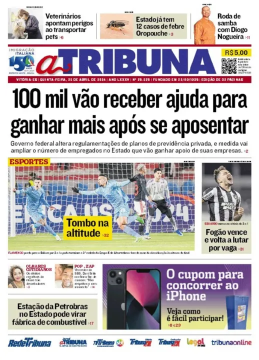 Imagem ilustrativa da imagem Confira os destaques do jornal A Tribuna desta quinta-feira