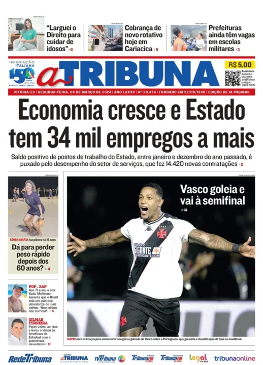 Imagem ilustrativa da imagem Confira os destaques do jornal A Tribuna desta segunda-feira