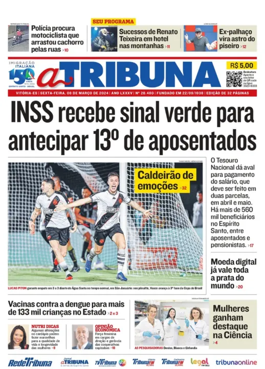 Imagem ilustrativa da imagem Confira os destaques do jornal A Tribuna desta sexta-feira