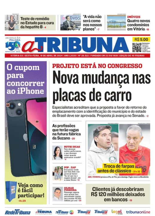 Imagem ilustrativa da imagem Confira os destaques do jornal A Tribuna desta sexta-feira