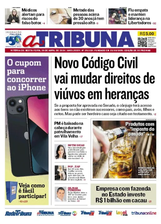 Imagem ilustrativa da imagem Confira os destaques do jornal A Tribuna desta sexta-feira