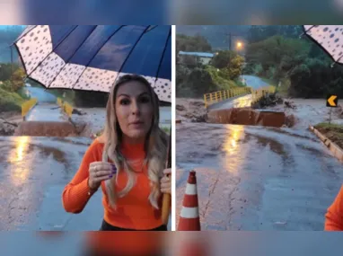 Imagem ilustrativa da imagem VÍDEO | Ponte é arrastada pela correnteza enquanto prefeita narra situação no RS