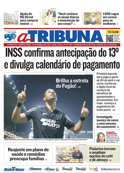 Imagem ilustrativa da imagem Confira os destaques do jornal A Tribuna desta quinta-feira