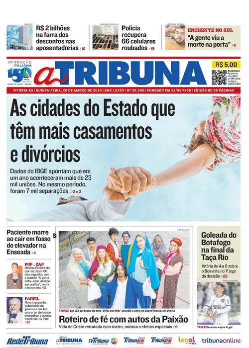 Imagem ilustrativa da imagem Confira os destaques do jornal A Tribuna desta quinta-feira