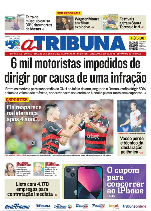 Imagem ilustrativa da imagem Confira os destaques do jornal A Tribuna desta quinta-feira