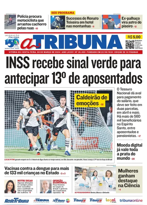 Imagem ilustrativa da imagem Confira os destaques do jornal A Tribuna desta sexta-feira