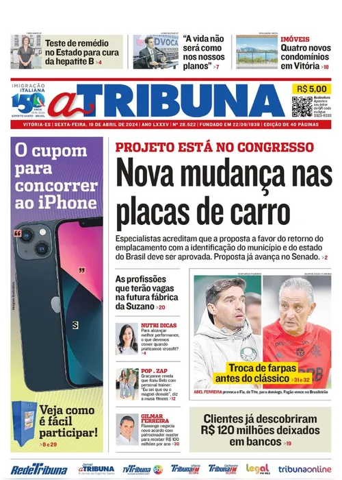 Imagem ilustrativa da imagem Confira os destaques do jornal A Tribuna desta sexta-feira