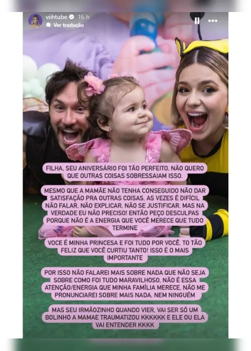 Imagem ilustrativa da imagem Viih Tube 'descarta' grandes festas após polêmica em aniversário da filha