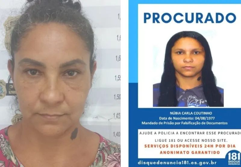 Nubia Carla Coutinho, de 46 anos, era procurada pelo crime de falsificação de documento particular