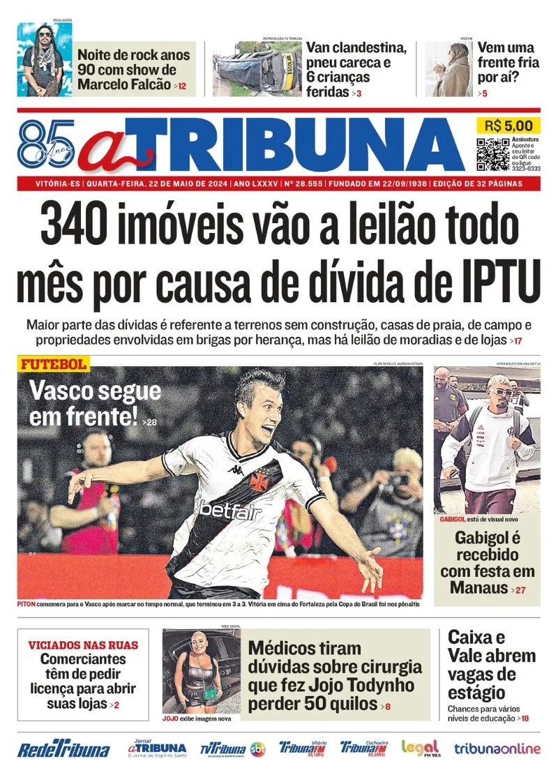 Imagem ilustrativa da imagem Confira os destaques do jornal A Tribuna desta quarta-feira