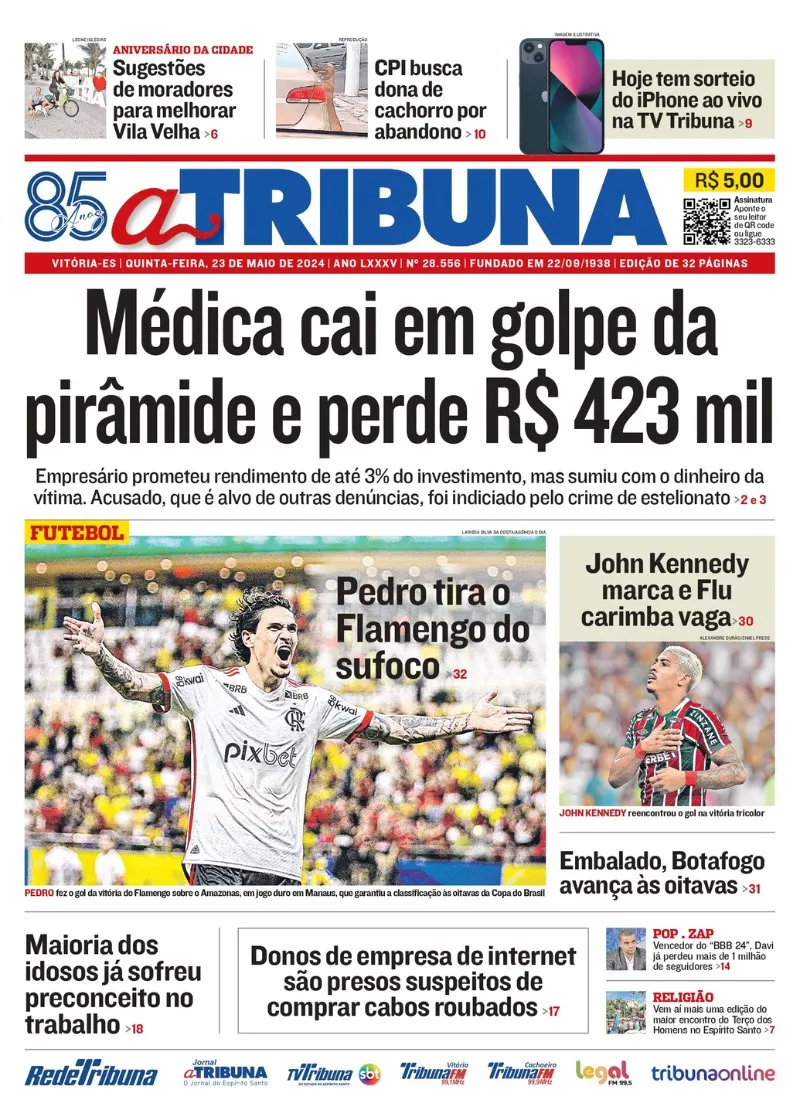 Imagem ilustrativa da imagem Confira os destaques do jornal A Tribuna desta quinta-feira