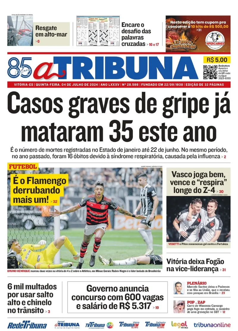 Imagem ilustrativa da imagem Confira os destaques do jornal A Tribuna desta quinta-feira