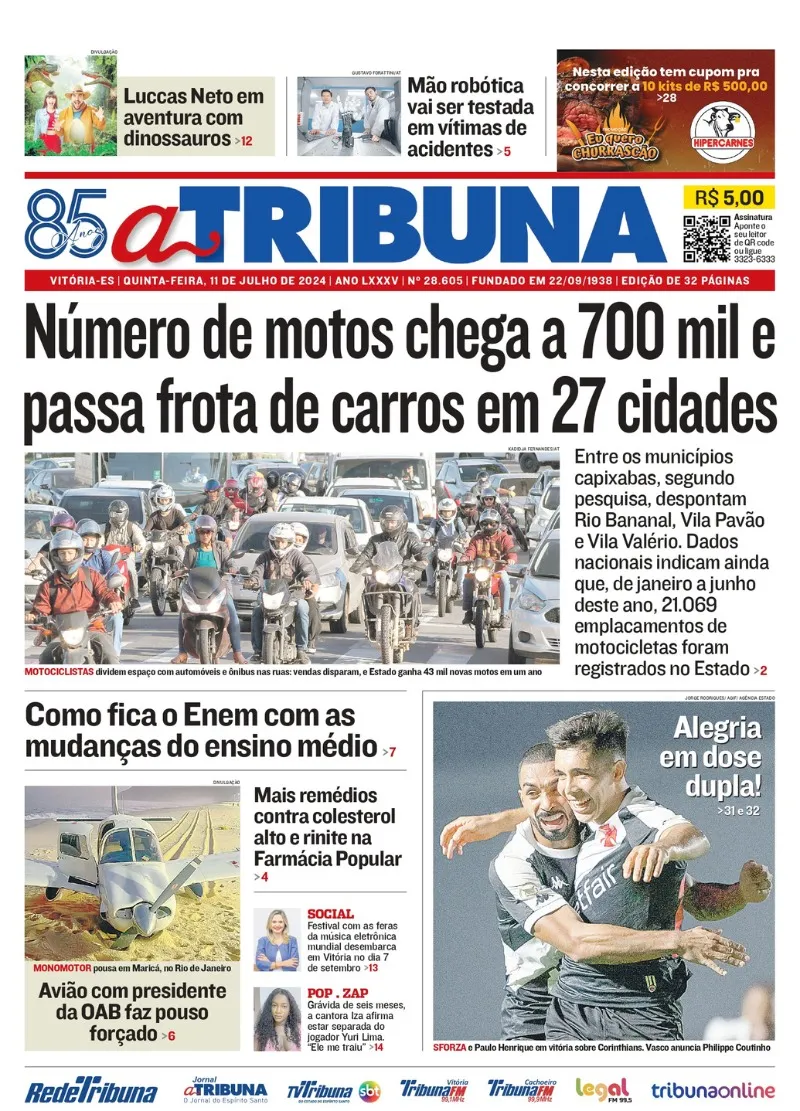 Imagem ilustrativa da imagem Confira os destaques do jornal A Tribuna desta quinta-feira