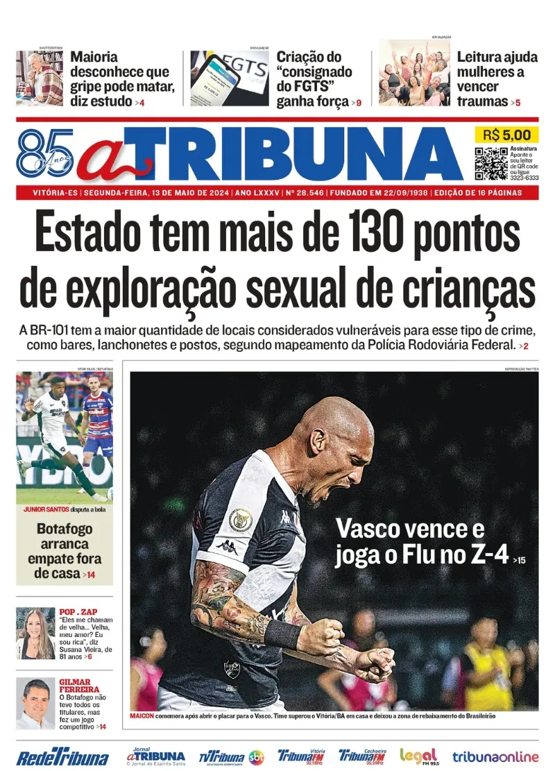 Imagem ilustrativa da imagem Confira os destaques do jornal A Tribuna desta segunda-feira