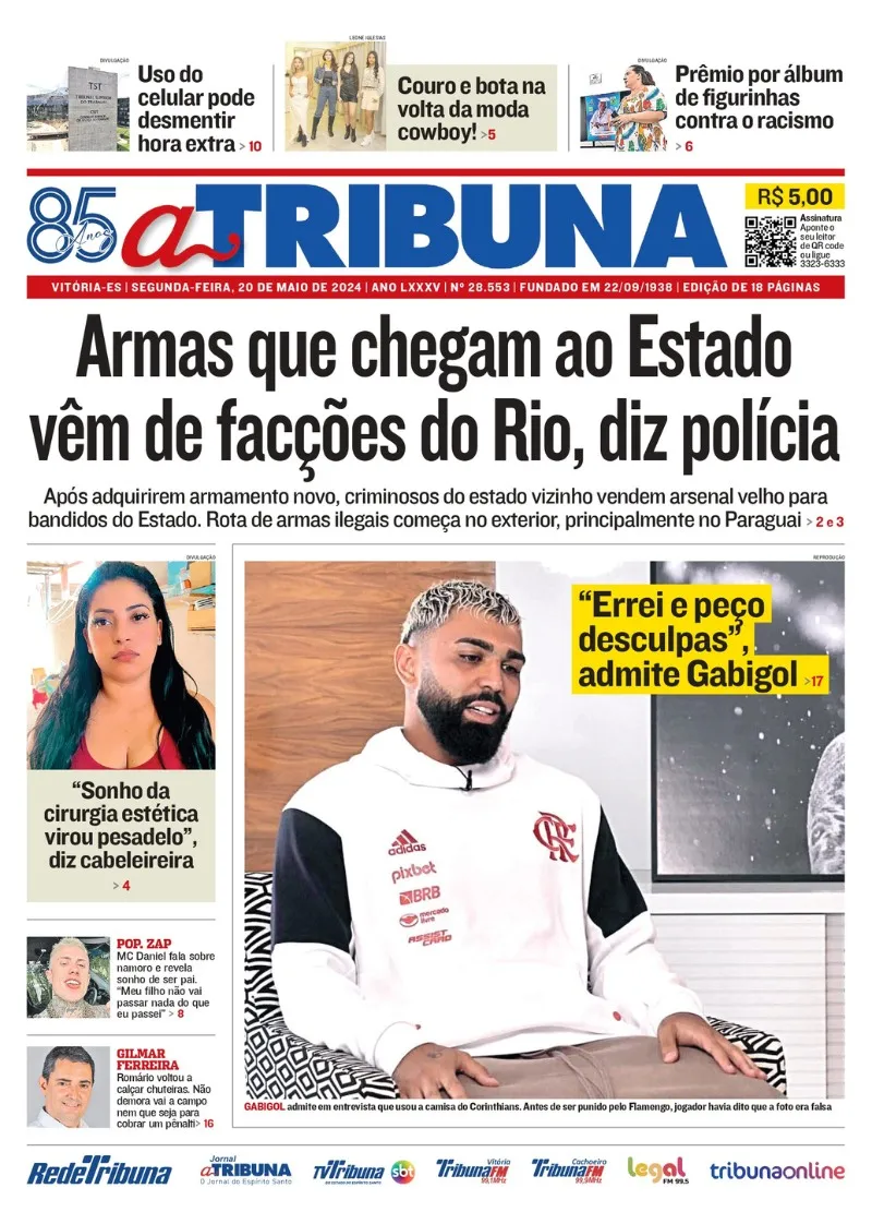 Imagem ilustrativa da imagem Confira os destaques do jornal A Tribuna desta segunda-feira