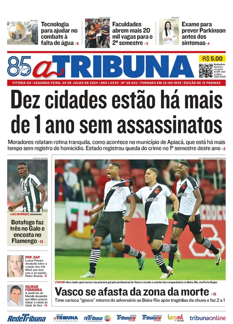 Imagem ilustrativa da imagem Confira os destaques do jornal A Tribuna desta segunda-feira