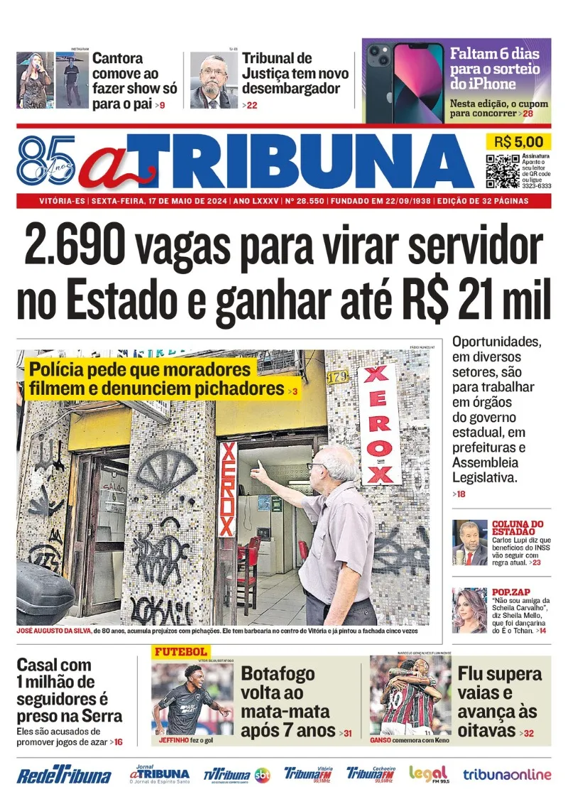 Imagem ilustrativa da imagem Confira os destaques do jornal A Tribuna desta sexta-feira