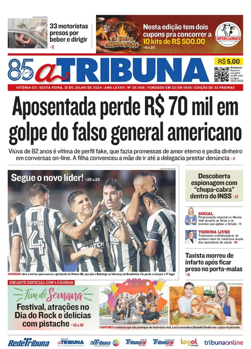 Imagem ilustrativa da imagem Confira os destaques do jornal A Tribuna desta sexta-feira