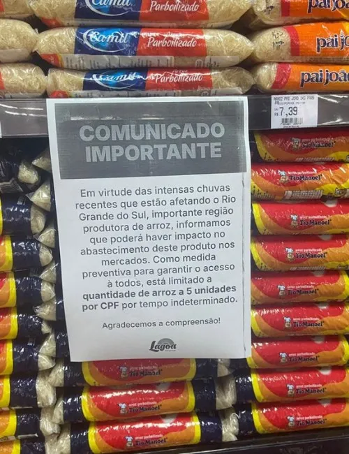 Imagem ilustrativa da imagem Supermercados do ES limitam compra de arroz após tragédia no Rio Grande do Sul