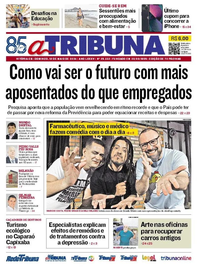 Imagem ilustrativa da imagem Veja os destaques do jornal A Tribuna deste domingo, dia 19 de maio