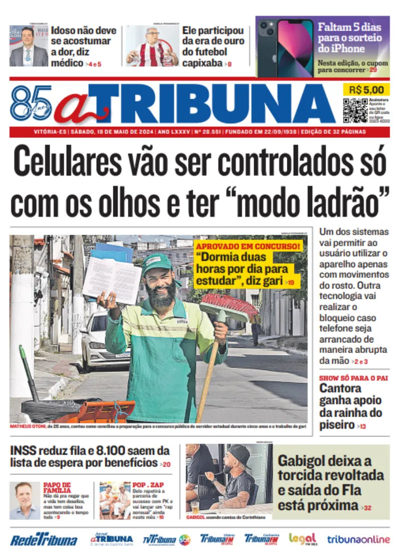 Imagem ilustrativa da imagem Veja os destaques do jornal A Tribuna deste sábado, dia 18 de maio