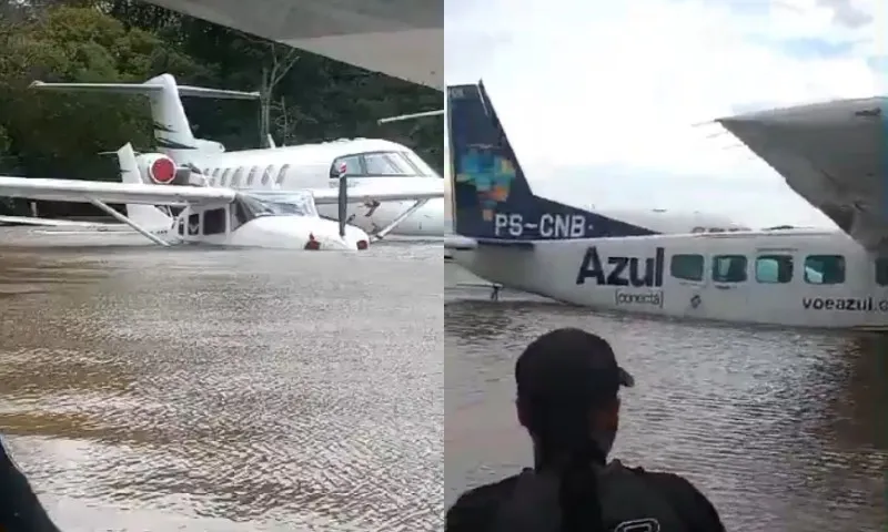 Imagem ilustrativa da imagem Água volta a subir no aeroporto de Porto Alegre e atinge aviões; veja vídeo