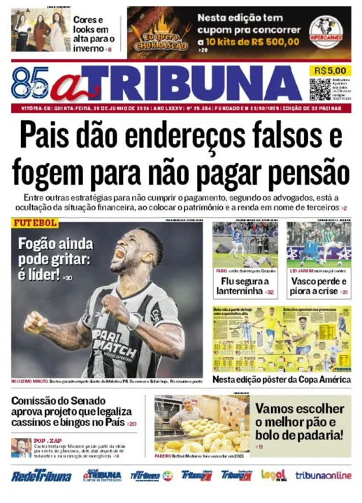 Imagem ilustrativa da imagem Confira os destaques do jornal A Tribuna desta quinta-feira