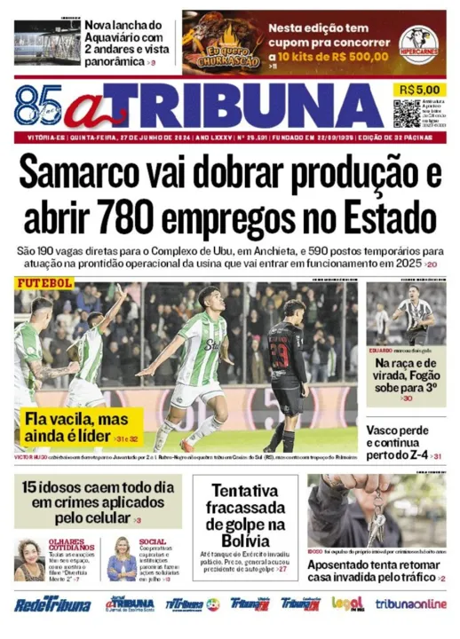 Imagem ilustrativa da imagem Confira os destaques do jornal A Tribuna desta quinta-feira