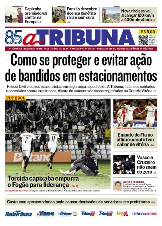 Imagem ilustrativa da imagem Confira os destaques do jornal A Tribuna desta segunda-feira