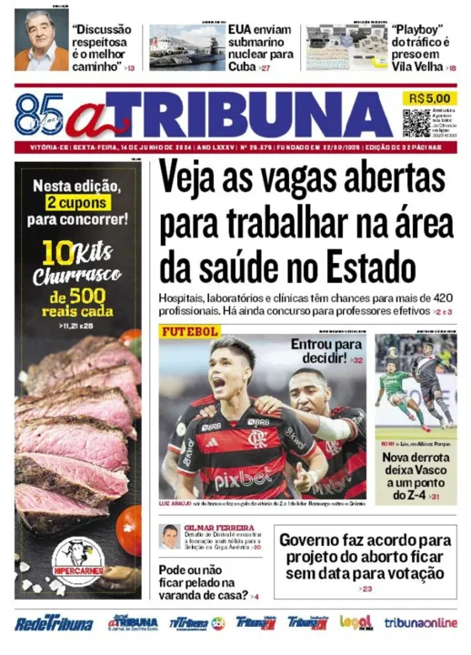 Imagem ilustrativa da imagem Confira os destaques do jornal A Tribuna desta sexta-feira