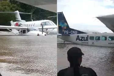 Imagem ilustrativa da imagem Água volta a subir no aeroporto de Porto Alegre e atinge aviões; veja vídeo