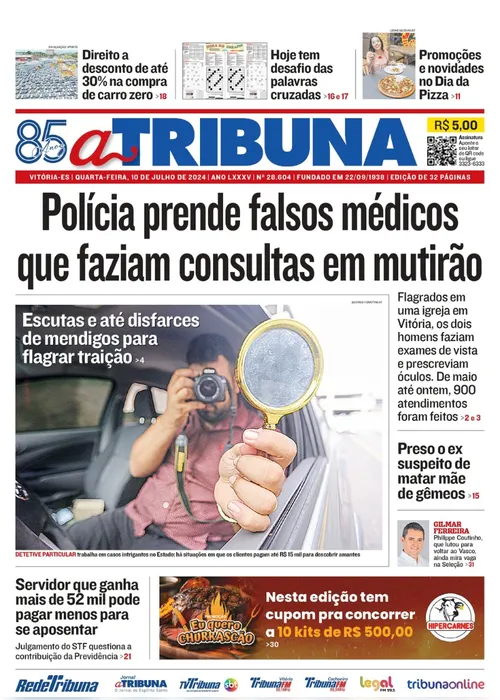 Imagem ilustrativa da imagem Confira os destaques do jornal A Tribuna desta quarta-feira