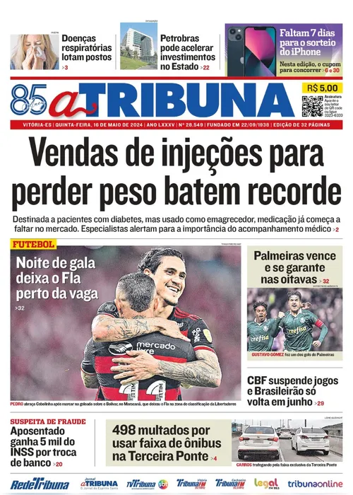 Imagem ilustrativa da imagem Confira os destaques do jornal A Tribuna desta quinta-feira