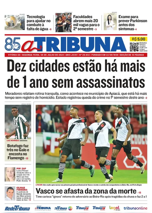 Imagem ilustrativa da imagem Confira os destaques do jornal A Tribuna desta segunda-feira