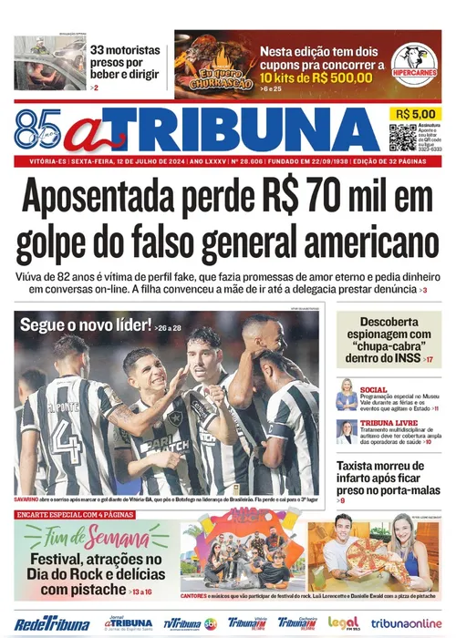 Imagem ilustrativa da imagem Confira os destaques do jornal A Tribuna desta sexta-feira