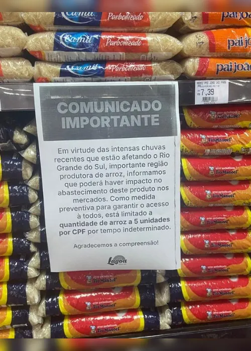 Imagem ilustrativa da imagem Supermercados do ES limitam compra de arroz após tragédia no Rio Grande do Sul