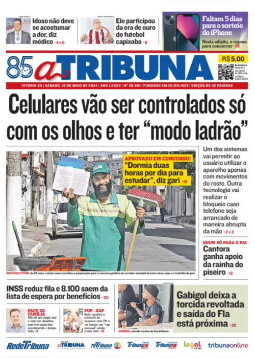 Imagem ilustrativa da imagem Veja os destaques do jornal A Tribuna deste sábado, dia 18 de maio