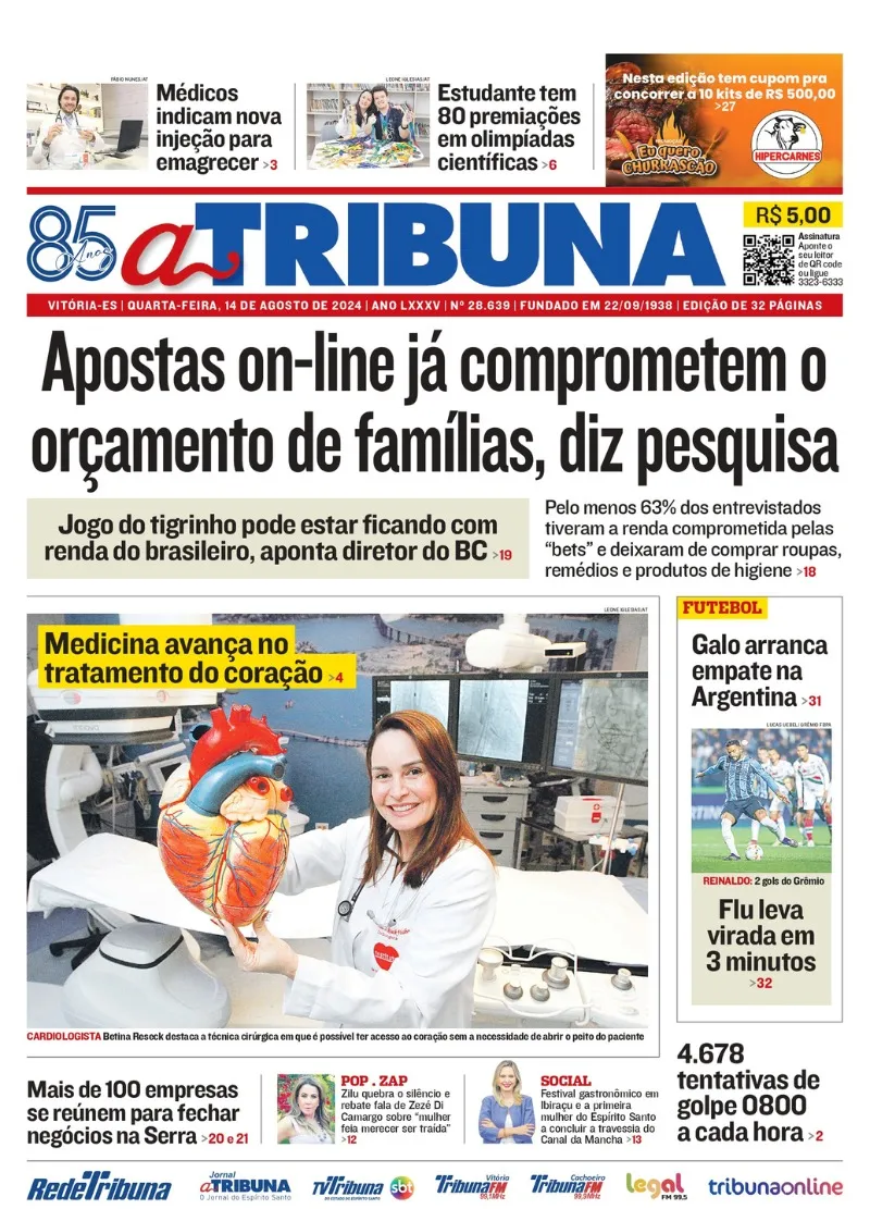 Imagem ilustrativa da imagem Confira os destaques do jornal A Tribuna desta quarta-feira