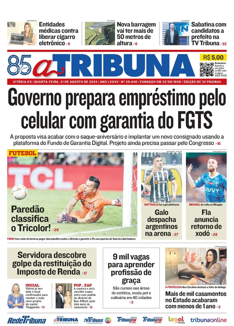 Imagem ilustrativa da imagem Confira os destaques do jornal A Tribuna desta quarta-feira