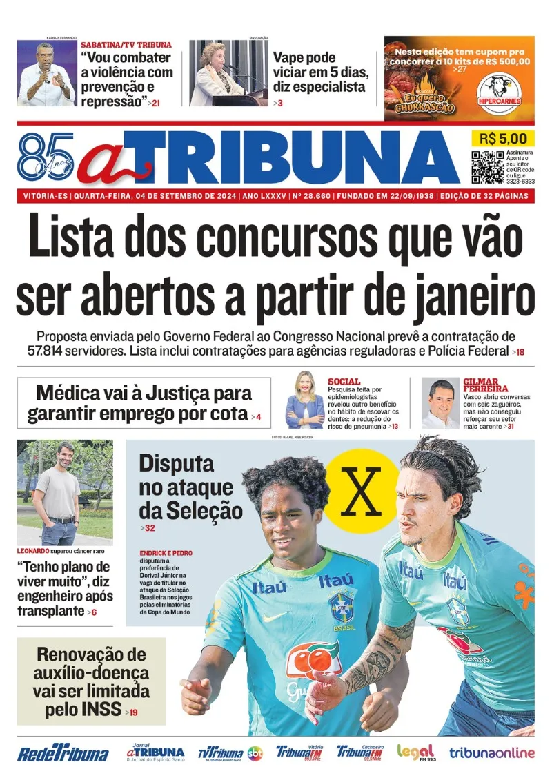 Imagem ilustrativa da imagem Confira os destaques do jornal A Tribuna desta quarta-feira