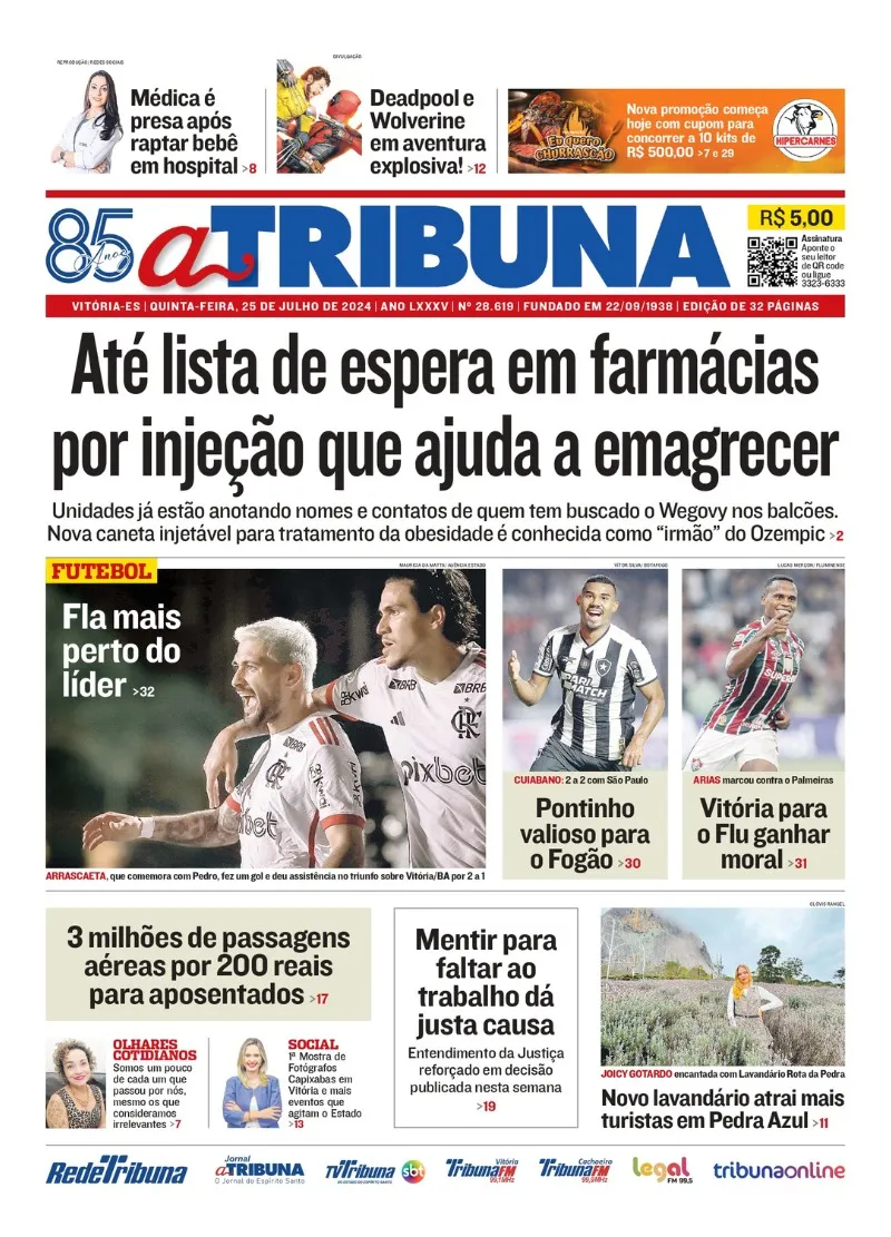 Imagem ilustrativa da imagem Confira os destaques do jornal A Tribuna desta quinta-feira