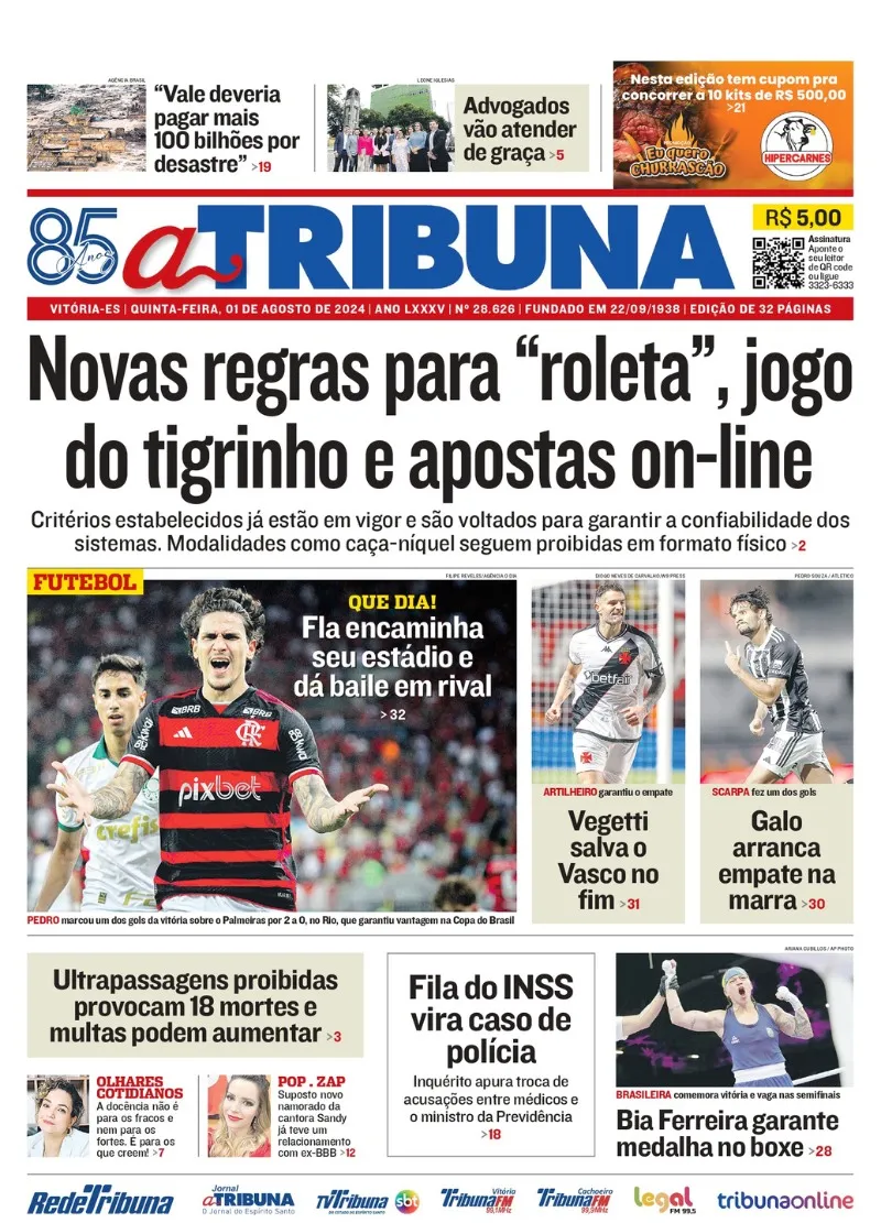 Imagem ilustrativa da imagem Confira os destaques do jornal A Tribuna desta quinta-feira