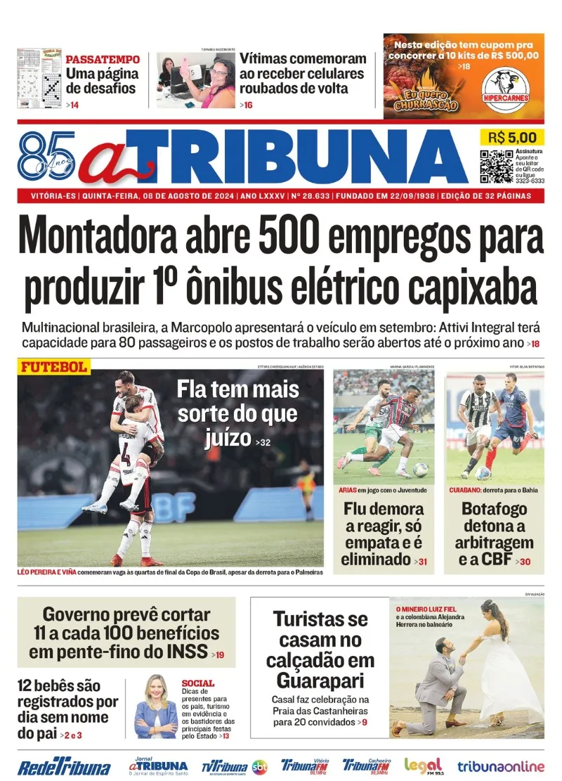 Imagem ilustrativa da imagem Confira os destaques do jornal A Tribuna desta quinta-feira