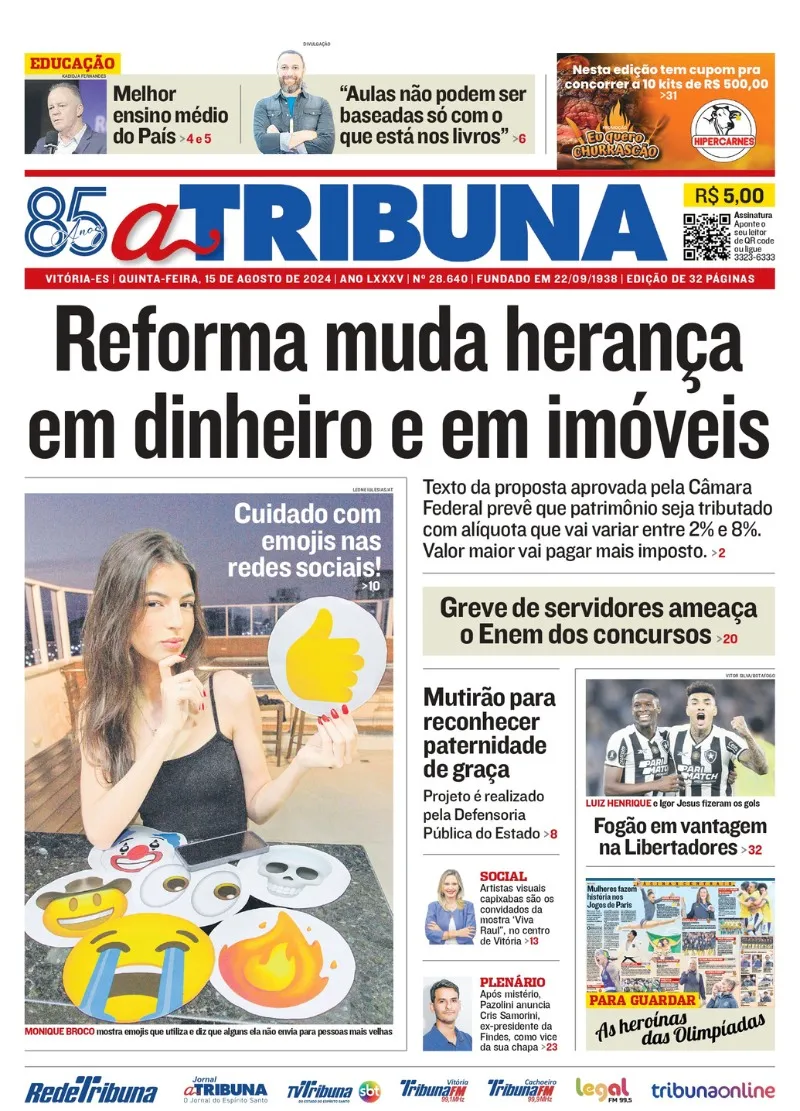 Imagem ilustrativa da imagem Confira os destaques do jornal A Tribuna desta quinta-feira