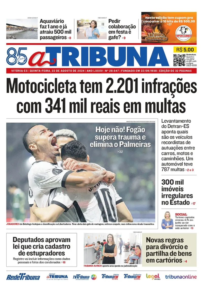 Imagem ilustrativa da imagem Confira os destaques do jornal A Tribuna desta quinta-feira