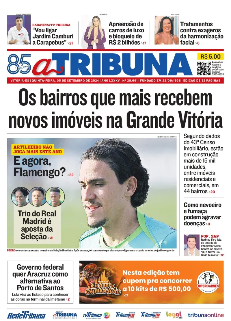 Imagem ilustrativa da imagem Confira os destaques do jornal A Tribuna desta quinta-feira